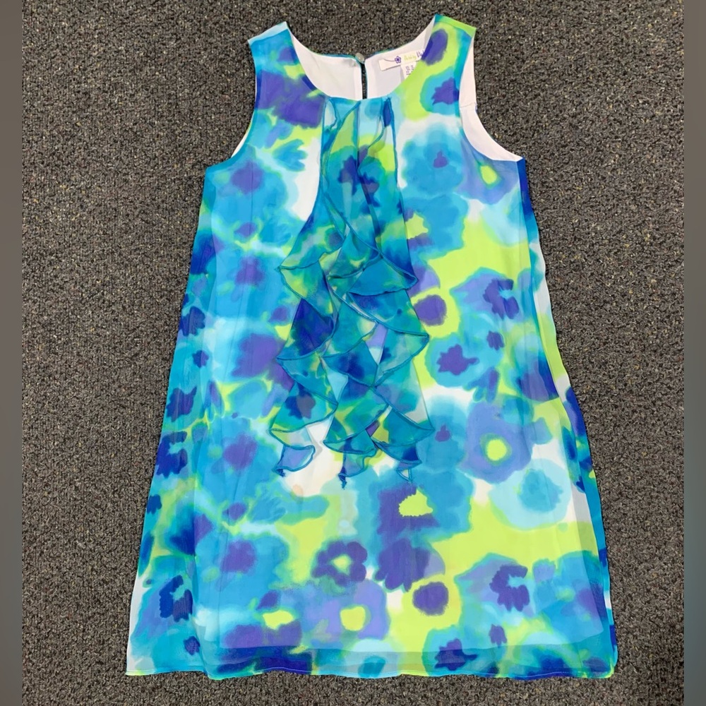 Shrinking Violet Blue & Green Floral Ruffle Shift Dress